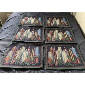 Vintage Set Of 6 Placemats Christmas Candle Tapestry Fabric Navy Blue Linens